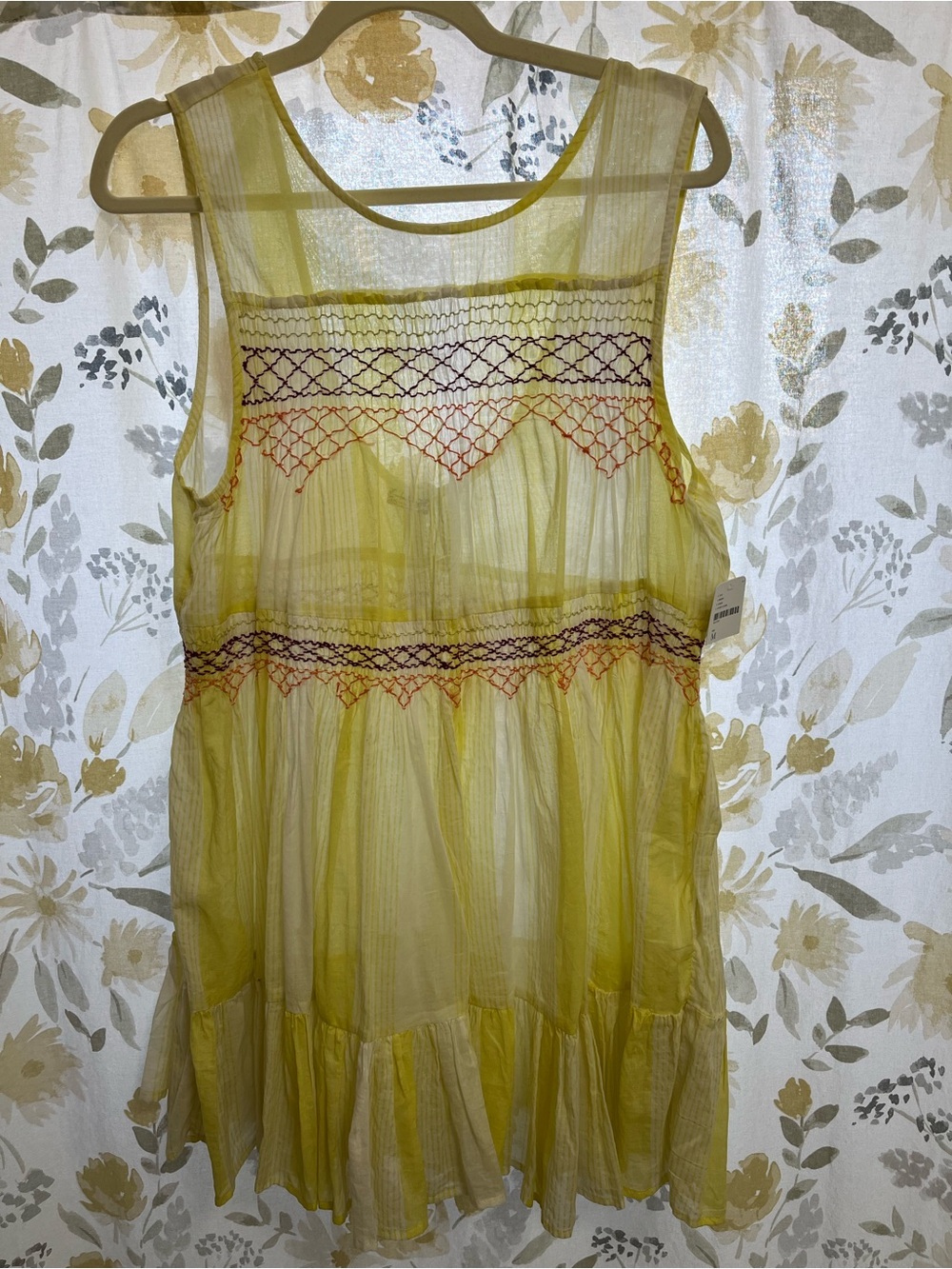 Free People Yellow Sheer Embroidered Sleeveless Tunic